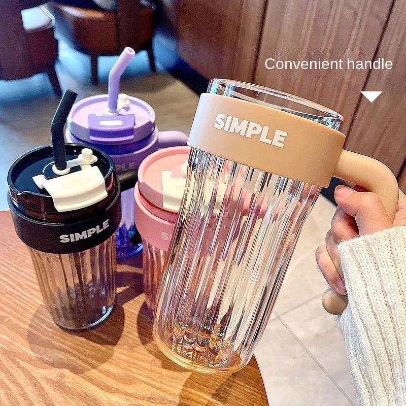 Capacity Plastic Simple Handy Large Cup Girl Office Mug Handle Straw Water Cup Couple Drinking Cup