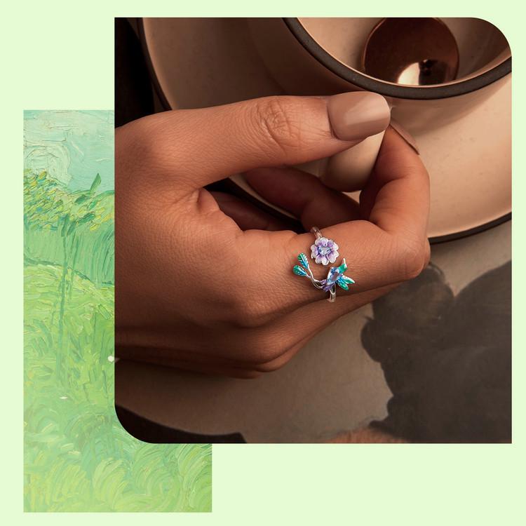 Avle Spring Bird & Flower Adjustable Open Ring - S925 Sterling Silver for Women