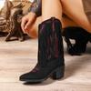 2025 Новые ботинки с острым носком и V-образным вырезом в западном стиле с бахромой, женские зимние больших размеров на толстом каблуке, вышитые этнические ботинки-рыцари