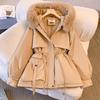 Women Autumn Winter Fur Collar Long Sleeve Solid Color Drawstring Parka Hooded Chic Warm Coat