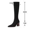 Fashion Autumn Fashion Women Boots Square Toe Yarn Elastic Knee High Boots Kid Suede Thick Heel Shoes Female Zip Socks Boots Bota Femini