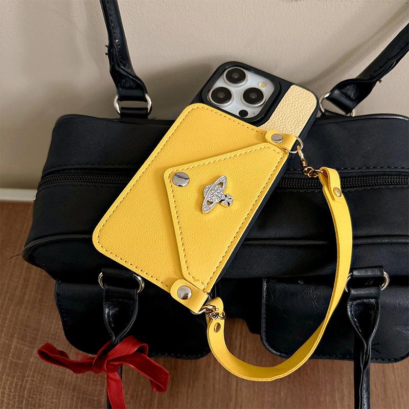 For Apple 16promax Rhinestone Button Wallet Mobile Phone Case for IPhone15 Portable Card Bag Planet Female New Model