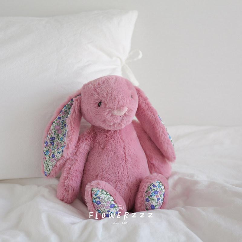 Cute Long Ear Bunny Plush Toy Floral Stuffed Rabbit Doll Comfortable Soft Cuddly Fluffy Bunny Plushie Birthday Gift Room Decor