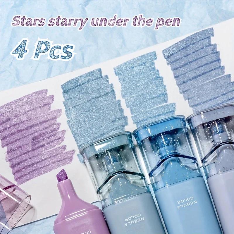 4Pcs Aesthetic Shiny Starry Sky Highlighter Pen Student Scrapbooking Notebook Paint Marker Stationery Kawaii School Supplies