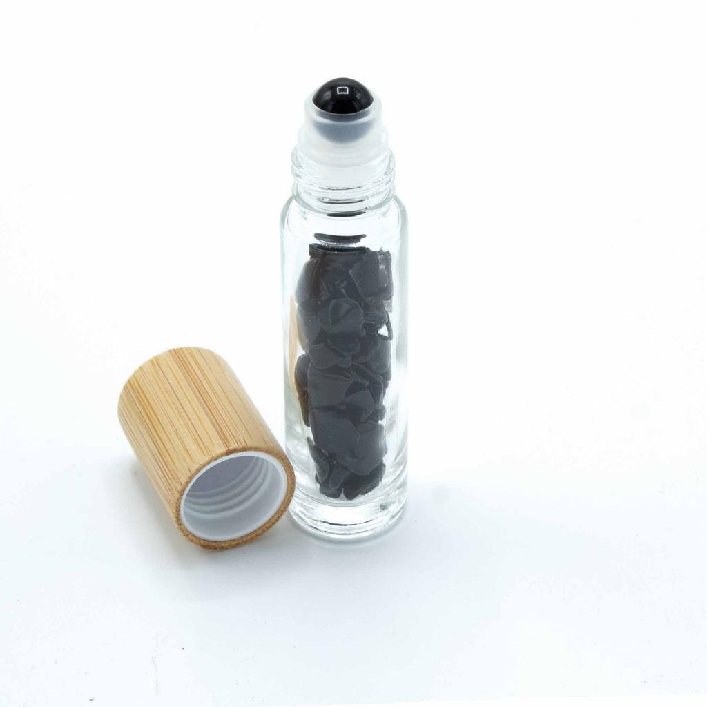 2x Black Tourmaline Essential Oil Roller Bottle, Wooden Cap