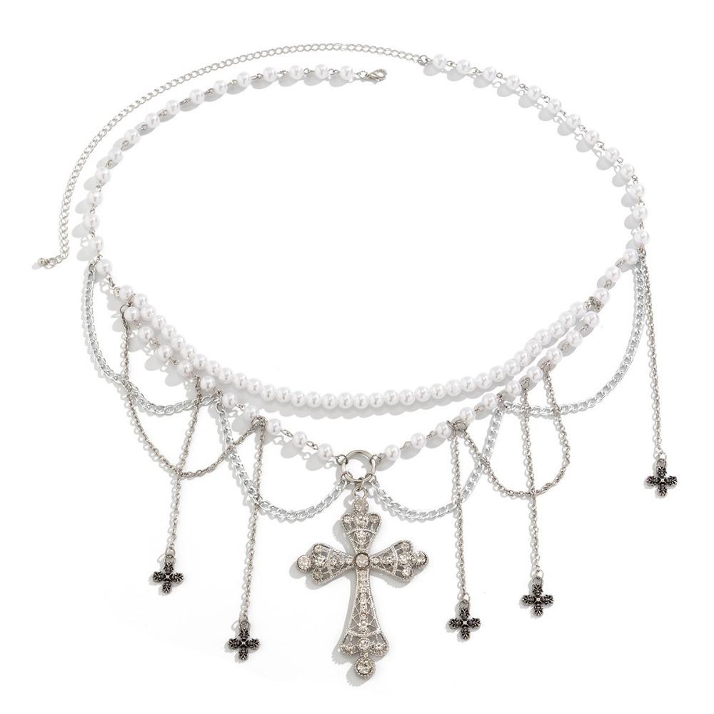 Acrylic Beads Y2K Silver Waist Chain Adjustable Crystal Tassel Waistband Waist Seal