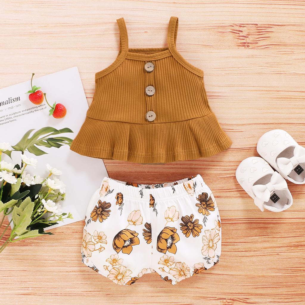 Однотонные топы на подтяжках для маленьких девочек, шорты с цветочным принтом, наряды