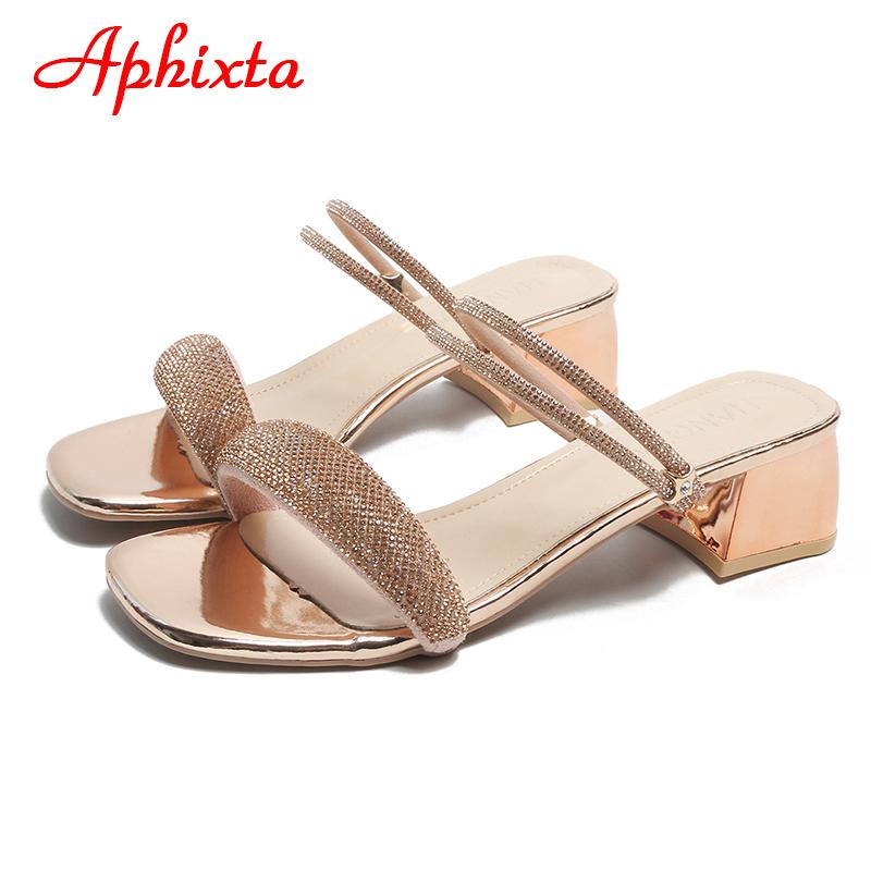 Aphixta 5 см Квадратный каблук Сандалии или Слайды Женские Мюли Дизайн Блестящие Роскошные Кристаллы Бриллианты Шлепанцы Женская Обувь