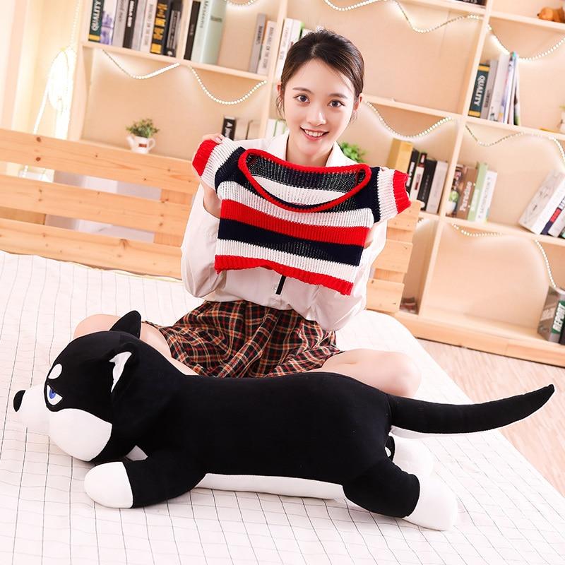 Funny Dressed Husky Pillow Stuffed Doll Stripe Sweater Soft Husky Lying Plush Toy Charming Dog Animals Kids Birthday Gift