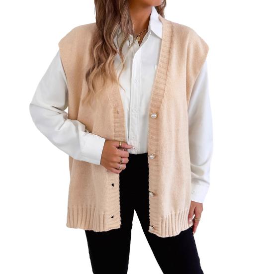 Женский вязаный жилет с V-образным вырезом, без рукавов, свободного кроя, жилет-свитер с декором из пуговиц из искусственного жемчуга, однотонный, повседневный вязаный жилет