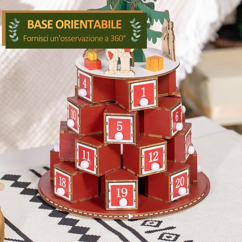 Christmas Cone Advent Calendar with Themed Motifs and 10 LED Lights, 22x22x35 cm, Plywood, Red, Green and Yellow