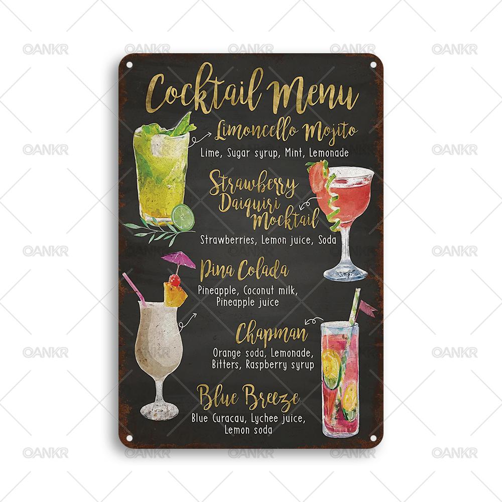 Vintage Pub Bar Club Decor Poster Metal Tin Sign Cocktail Menu Metal Signs for Backyard Bar Restaurant Art Wall Decor