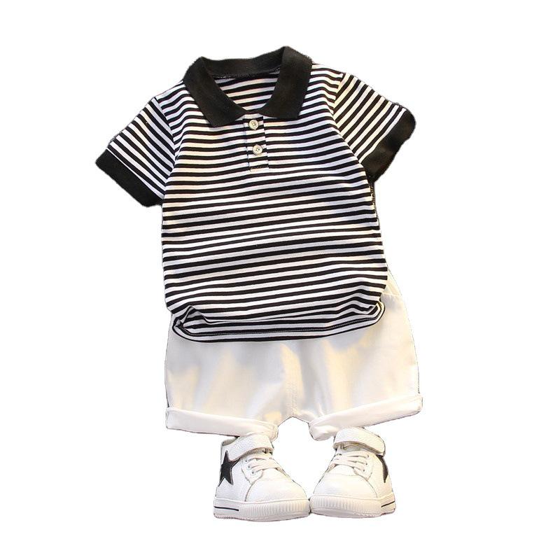 Boys' Trendy Summer Striped Polo Shirt & Shorts Set