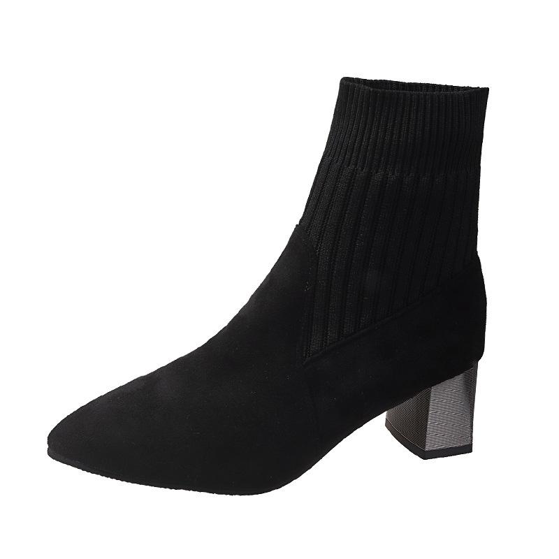 Туфли на высоком каблуке женские 2025 осень и зима новые универсальные короткие сапоги с острым носком женские черные толстые каблуки вязаные носки сапоги эластичные тонкие сапоги