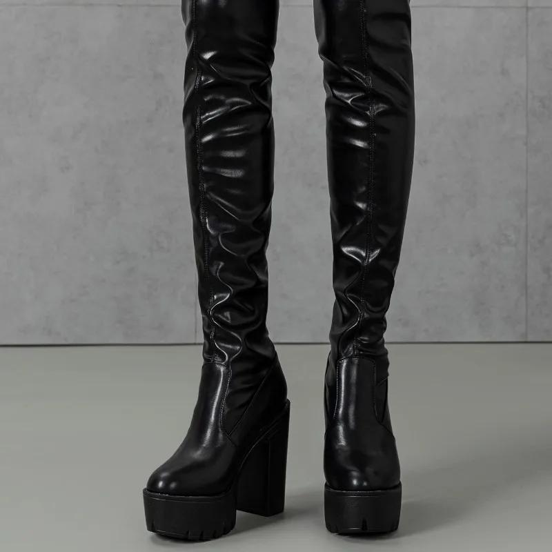 Женские сапоги на высоком каблуке 2024 года, продажа новых черных модных мотоциклетных сапог из искусственной кожи на толстой подошве, универсальные тонкие женские сапоги без застежек