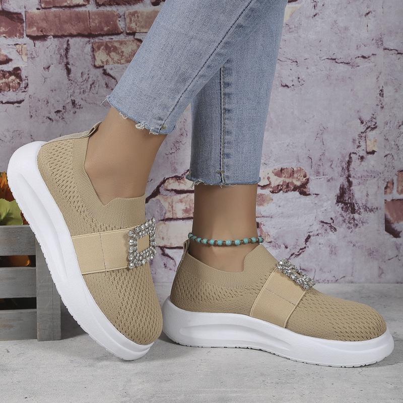 Женские одиночные туфли с сетчатой ​​поверхностью, повседневная женская обувь с неглубоким горлышком, круглой головкой и стразами, на толстой подошве на одну ногу