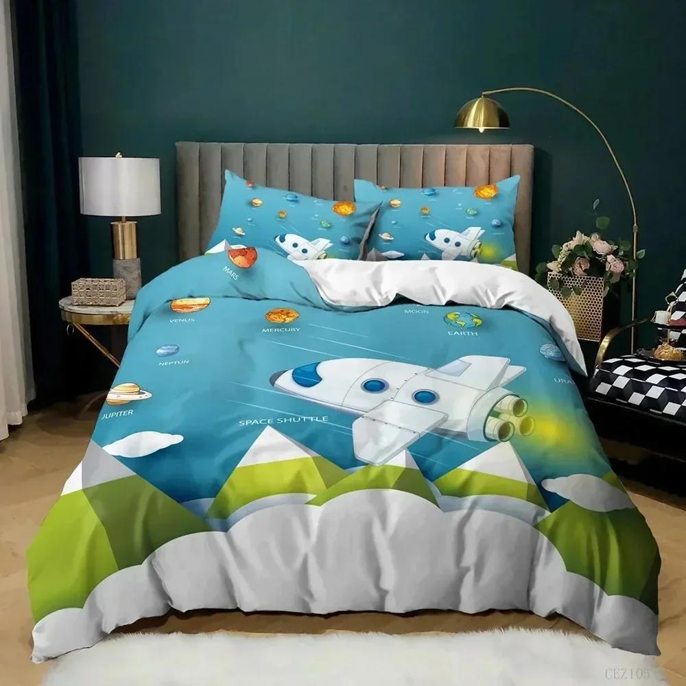 Top 3D Cartoon Duvet Cover Set Science Fiction Space Themed with Earth and Rocket,Decorative Bedding Set,Queen Size Quilt Cover