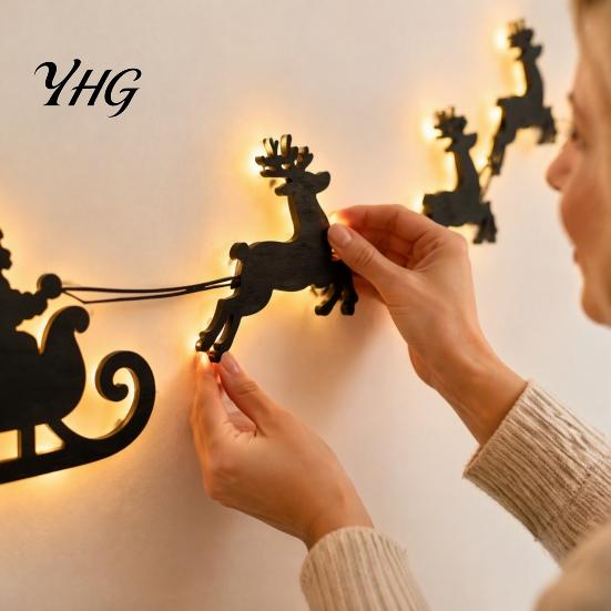 Festive Living Room Wall Art Lighted Santa Sleigh Reindeer Christmas Decor with Remote, 3D Light Up Wood Peel Holiday Gift for Family And Stick
