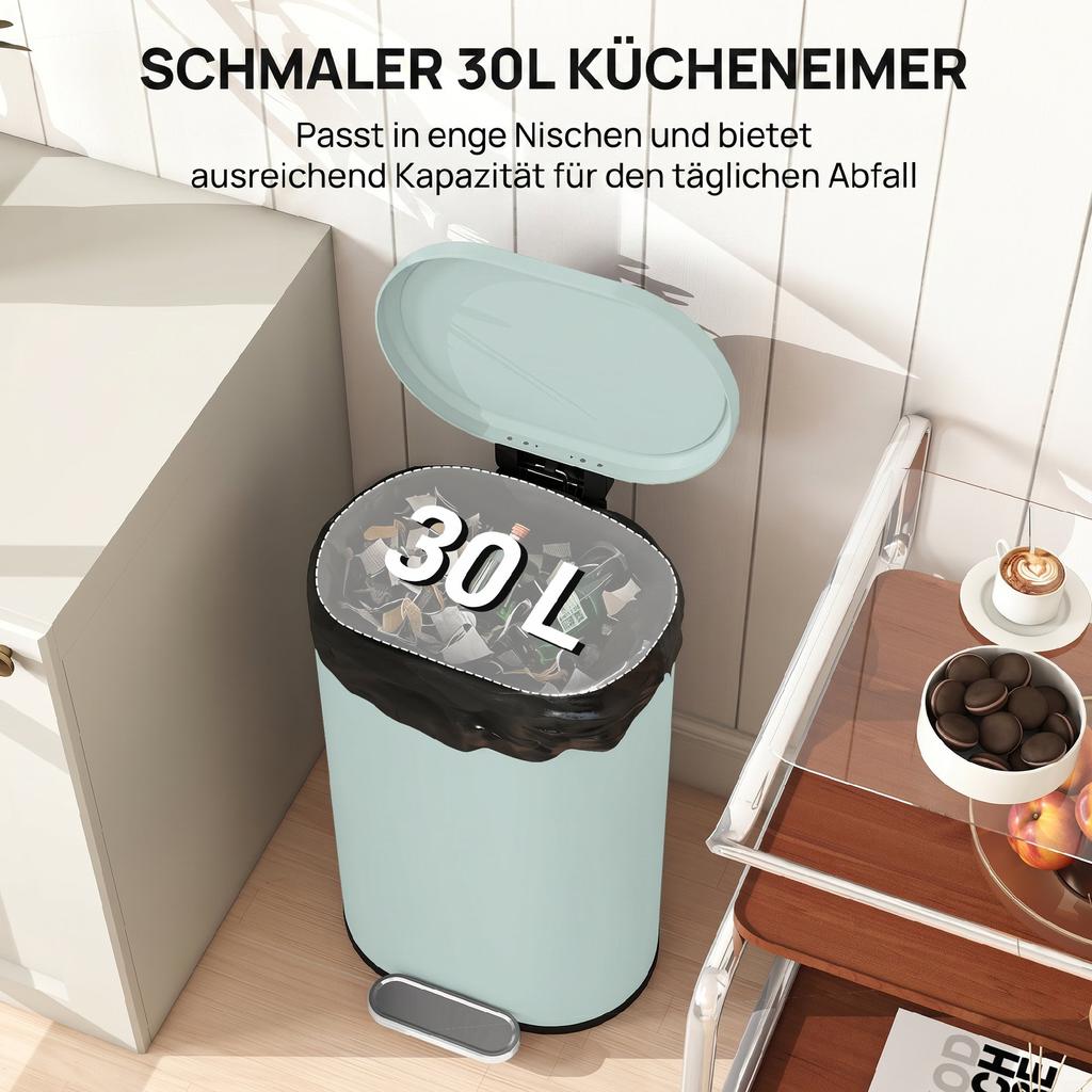 Kitchen Trash Can 30 Liter Step Trash Can with Soft-Close Lid, Metal Pedal, Green, 36.5 X 31 x 61 cm