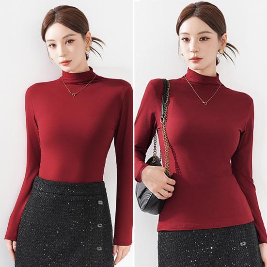 Women Bottoming Tops Half High Collar Long Sleeve Solid Color Slim Fit