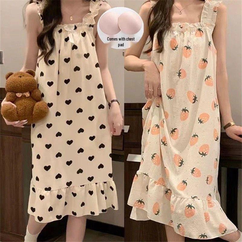 Women's Summer Retro Camisole Pajama Dress with Built-in Bra, Sweet Style, Versatile for Outdoor and Home Wear.
