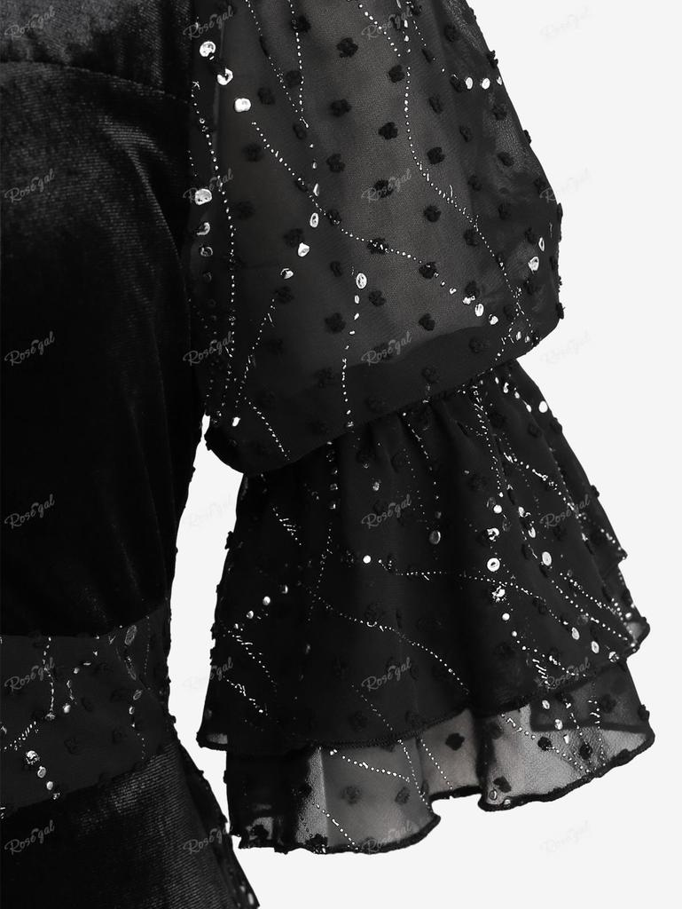 Rosegal готический бант со сверкающими пайетками и многослойными рюшами в горошек с пышными рукавами и трапециевидным платьем