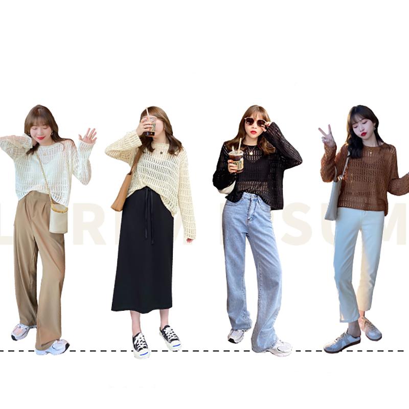 Vintage Loose Smock Tops Autumn All-match Casual Geometic Hollow Out Outfits Y2K See-though Knit Shirts Sweater Pullover