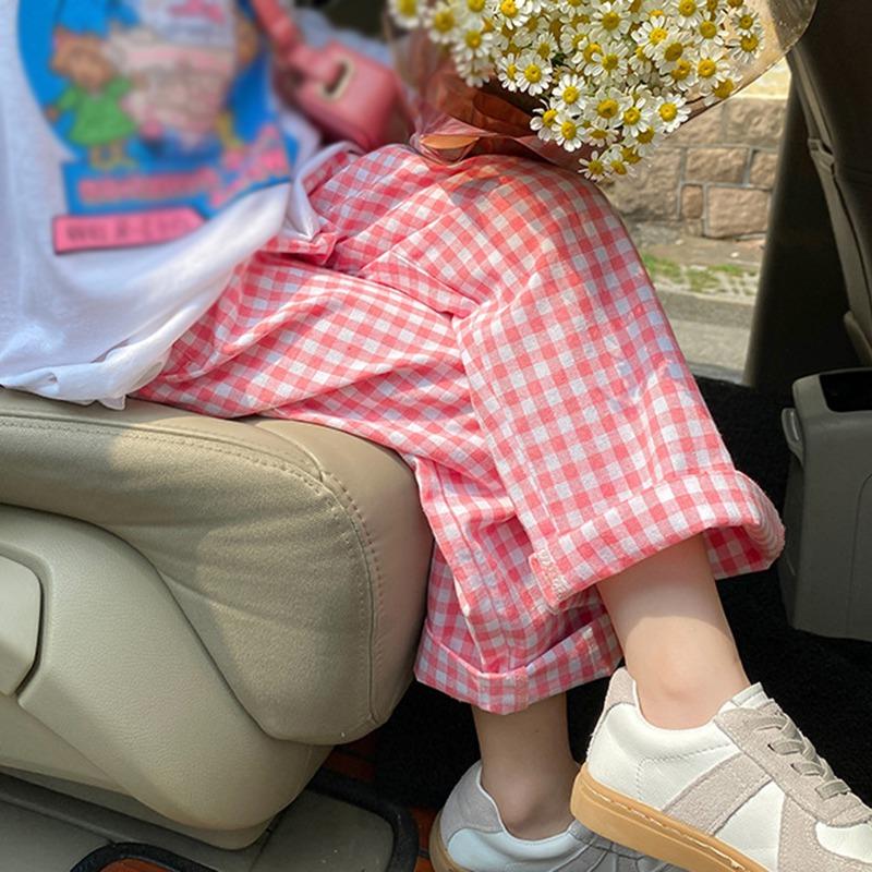 Летние детские широкие брюки для девочек, свободные клетчатые брюки для малышей, повседневные удобные брюки с эластичной резинкой на талии и карманами, От 3 до 8 лет