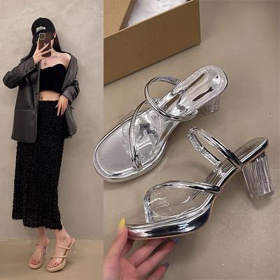 Модные женские сандалии на высоком каблуке 7-9 см, серебристые прозрачные женские сандалии, летние, сексуальные, для ночного клуба, водонепроницаемые, на платформе, женская обувь