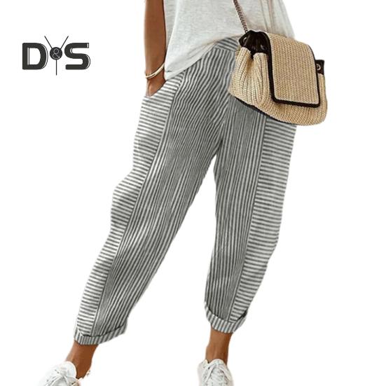 Женские повседневные брюки с эластичной талией и средней посадкой, летние жаккардовые длинные брюки с карманами, полосатые брюки свободного кроя