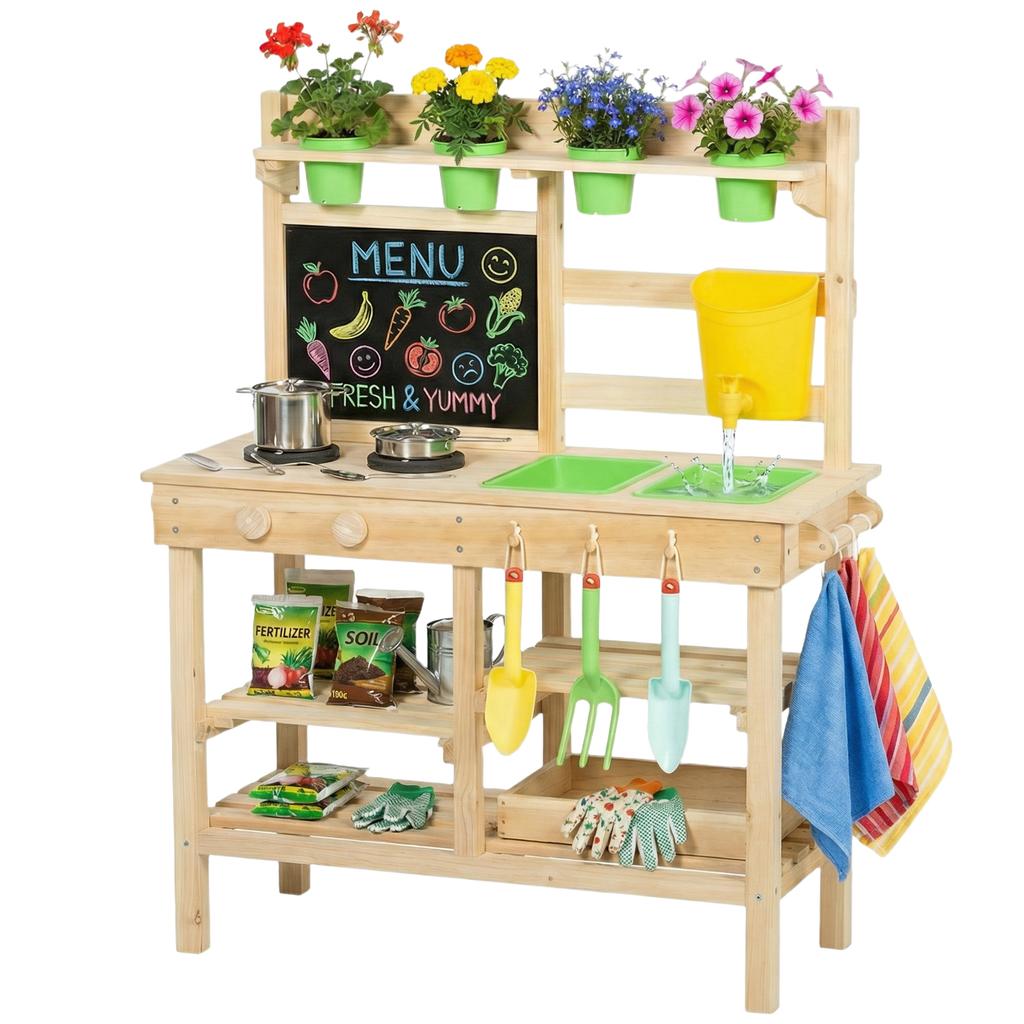 Wooden Outdoor Toy Kitchen, Flower Pots, Sinks, Faucet, Stainless Steel Utensils