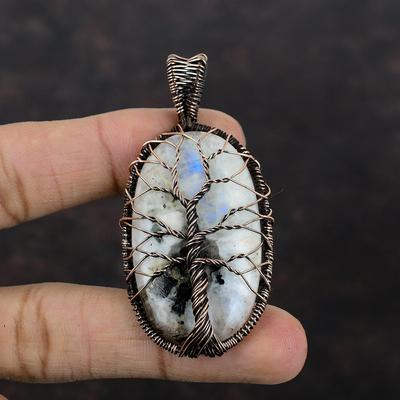 Кулон Древо Жизни с Радужным Лунным Камнем, Кулон, оплетенный медной проволокой, Антикварное украшение, Кулон ручной работы, Медное украшение для подарка, Кулон с драгоценным камнем