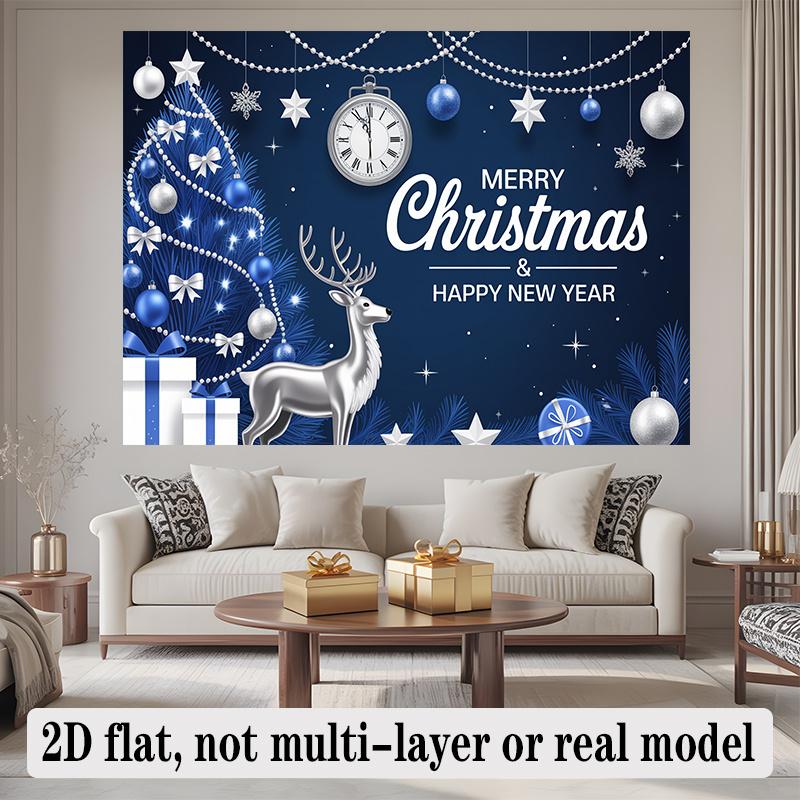 Deer Winter Scene Wedding Christmas Party Backdrop, Festive Polyester Banner for Wall Decor & Photo Booth