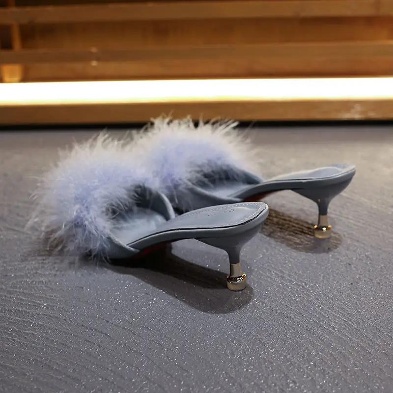 Fur Slippers Woman High Thin Heels Woman Shoes Sexy Pointed Top Outdoor Slides Fashion Summer House Slippers Flip Flops Sandals
