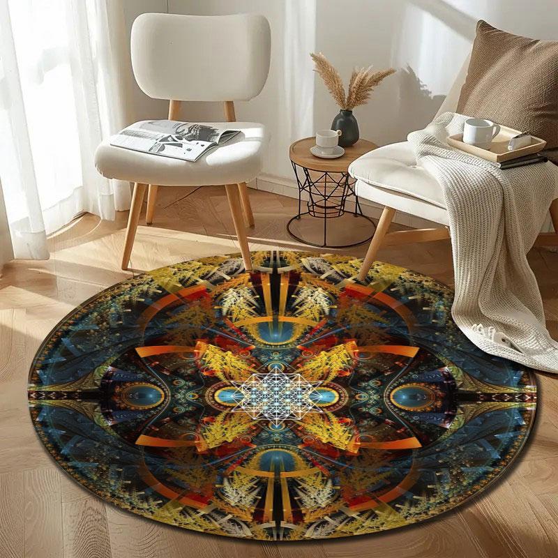 Bohemian Round Autumn Multicolor Area Rug, Non-Slip Floor Mat for Office