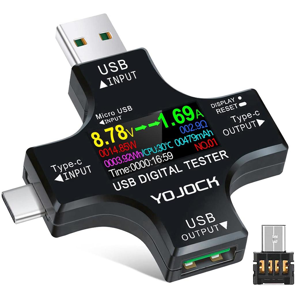Тестер 2-в-1 USB C Измеритель тока ЖК-цифровой мультиметр Измеритель мощности тока Мощность Емкость Детектор рабочего времени(Пакет с адаптером OTG)