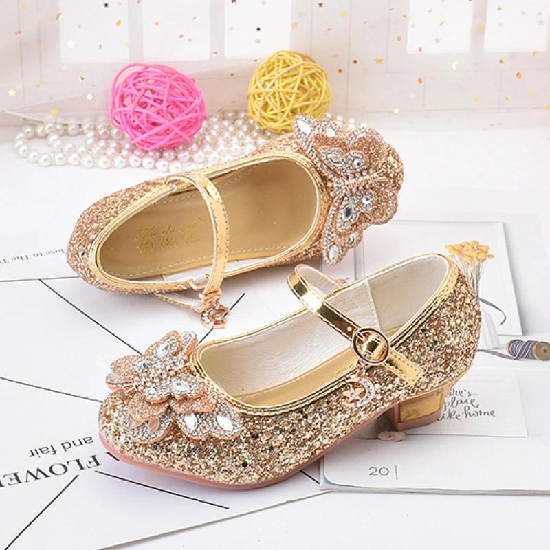 Модные детские туфли принцессы с блестками и стразами для девочек на высоком каблуке, кожаные туфли для вечеринки, свадьбы, детские универсальные одинарные туфли