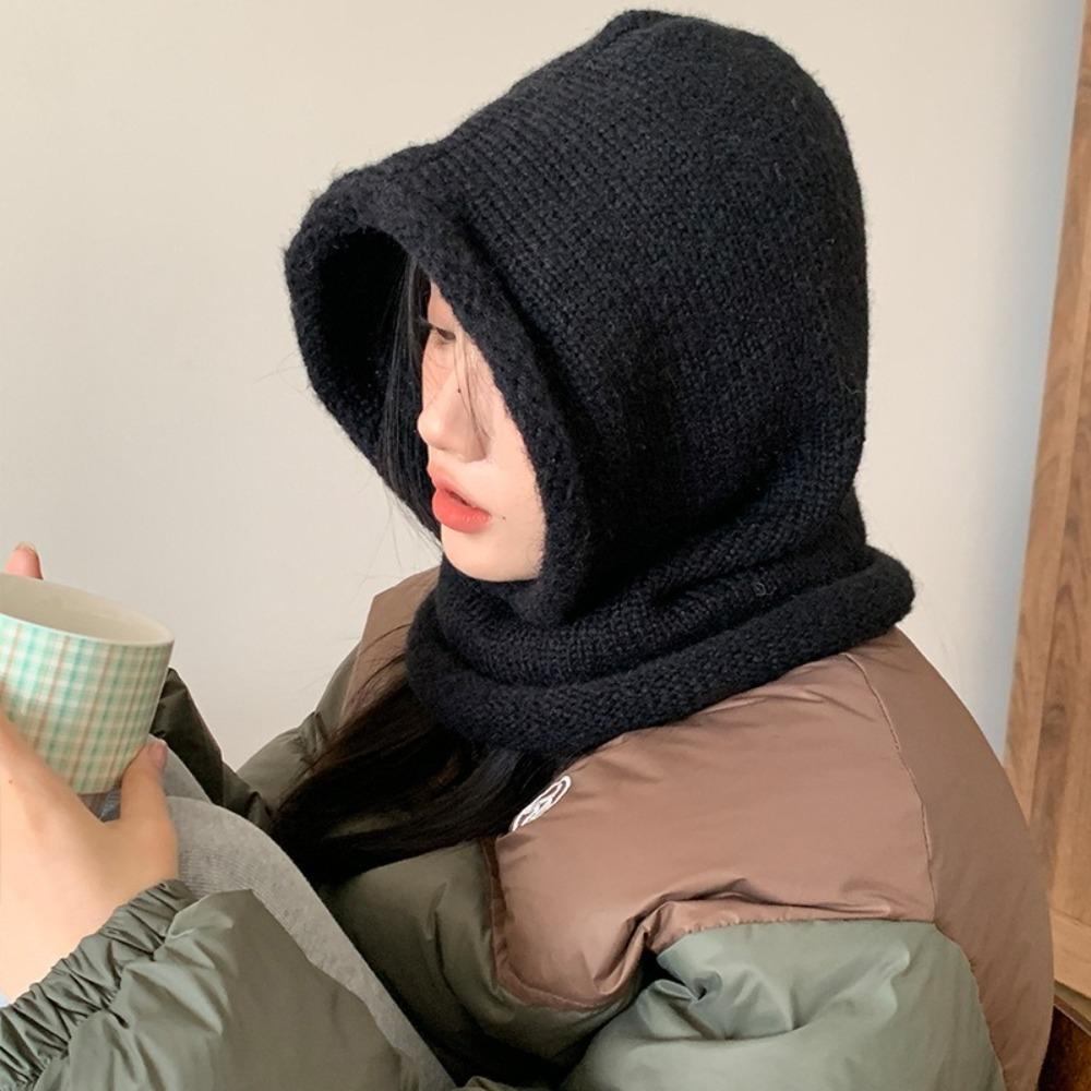 Однотонная вязаная балаклава, шерстяной воротник для шеи, шапка-бини, милый капюшон, для девочки