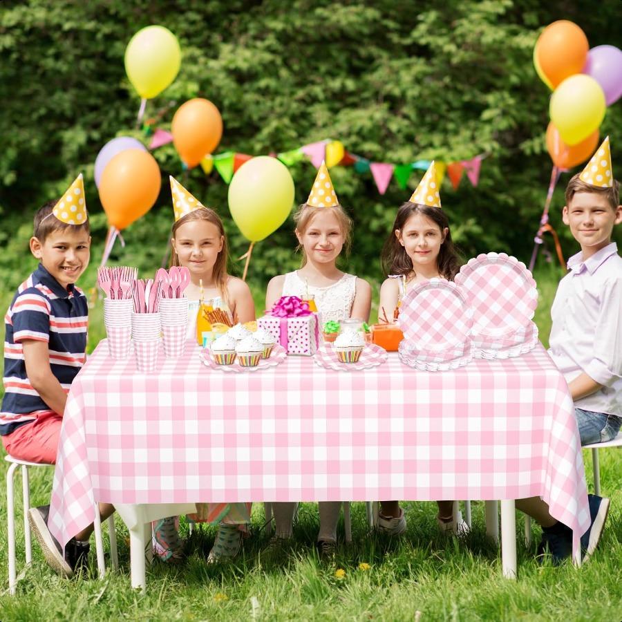 176 PCS Pink and White Gingham Plates and Napkins Light Pink Checkered Disposable Plates Set with Napkins Cups Plastic Spoons F