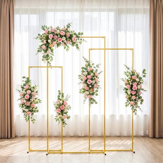 Square Balloon Stand Wedding Arch Backdrop Stand Set of 3 6.6FT + 5.9FT +4.9FT Gold Metal Frame and Flower for Birthday Party Baby Shower