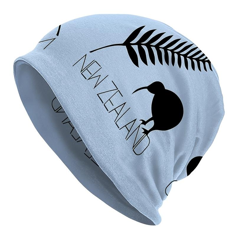 1 Men'S Street Style Nature Theme Knit Hat - Classic Black New Zealand Fern And Kiwi Bird Pattern, Durable Knit Fabric, Comfortable Elastic Fit, Casua