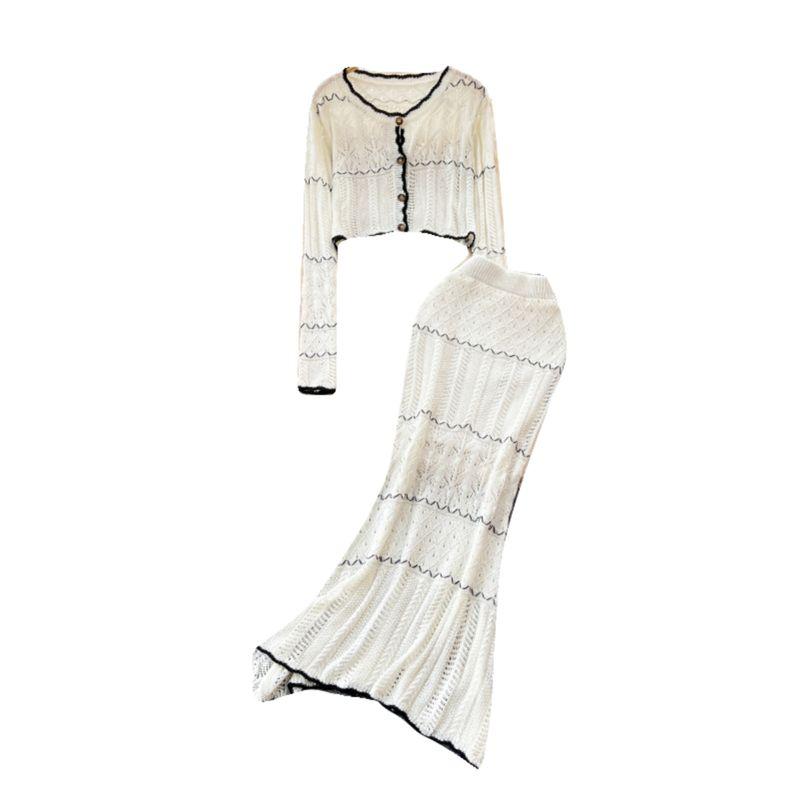 Кардиган-верхняя одежда в нежном французском стиле с ажурной вязкой + Облегающее платье-футляр с юбкой-годе, комплект из двух предметов
