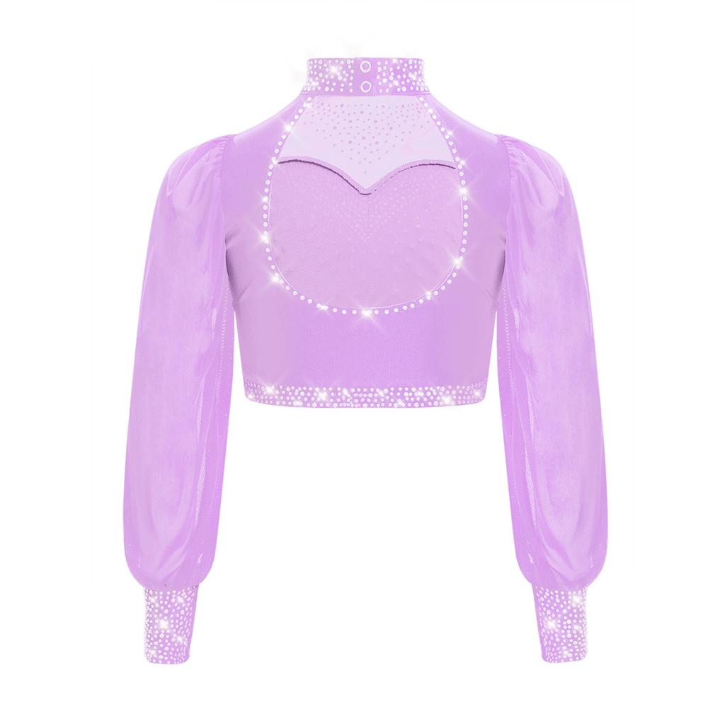 Девочки Сетчатый Танцевальный Топ с Длинным Рукавом, Воротником-стойкой, Вырезом на Спине и Стразами, Укороченный для Лирического Балета