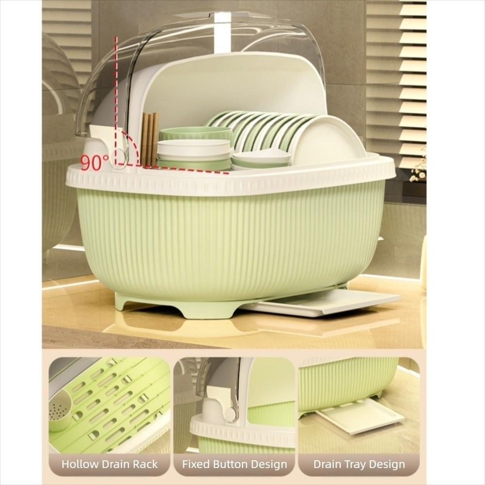 Large Capacity Dish Drainer With Roof Cover Plastic Multifunctional Dish Storage Rack with Drain Board Cupboard