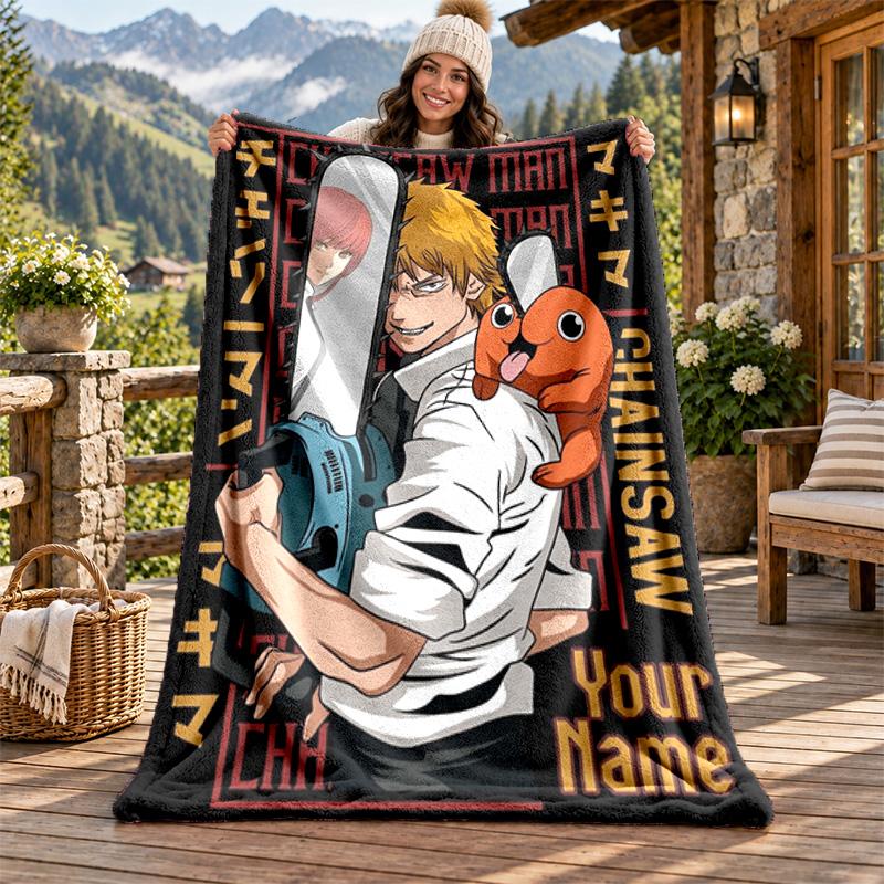 Chainsaw Man Custom Name Flannel Blanket Personalized Soft Warm Plush Throw Blanket Customized Gift for Family Friends