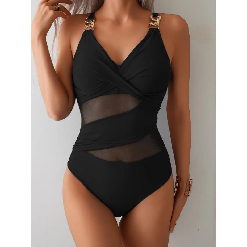 2025 Сексуальный сетчатый купальник Цельный с кольцом и бретелями Купальный костюм Женский Однотонный Купальник Купание Плавательный костюм Женская Пляжная одежда