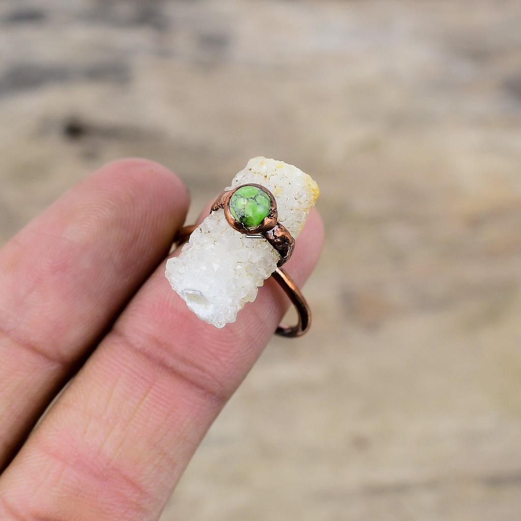 Кольцо с радужным лунным камнем, гальваническое медное кольцо, зеленое кольцо с бирюзовым драгоценным камнем, регулируемое кольцо, ювелирные изделия ручной работы, гальванопластика для подарка