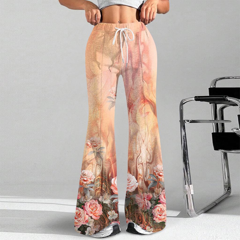 Women's Fashion Loose Drawstring Waist Floral Print Casual Sports Pants Casual Flared Pants