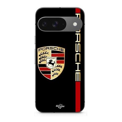 Чехол для Google Pixel 9 PORSCHE с красным и золотым логотипом, черный фон