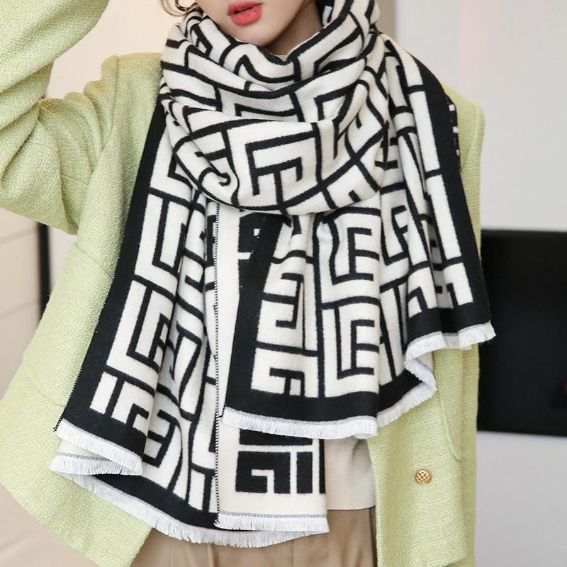 Fall Winter Geometric Warm Scarf Double-sided Cashmere Thick Student Shawl